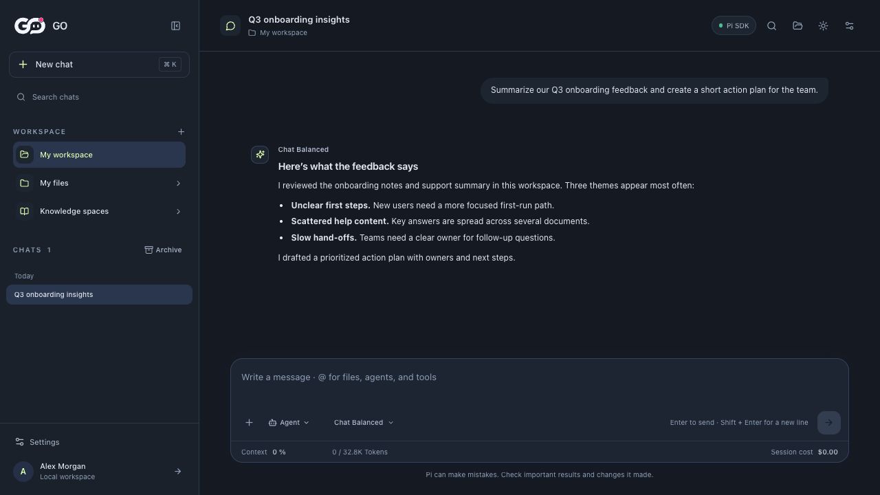 GO workspace showing an English demo conversation and response